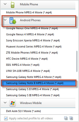choose output formats of Free Samsung Galaxy Note II Video Converter