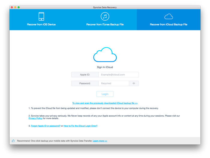 sign in to recover from iCloud backup file