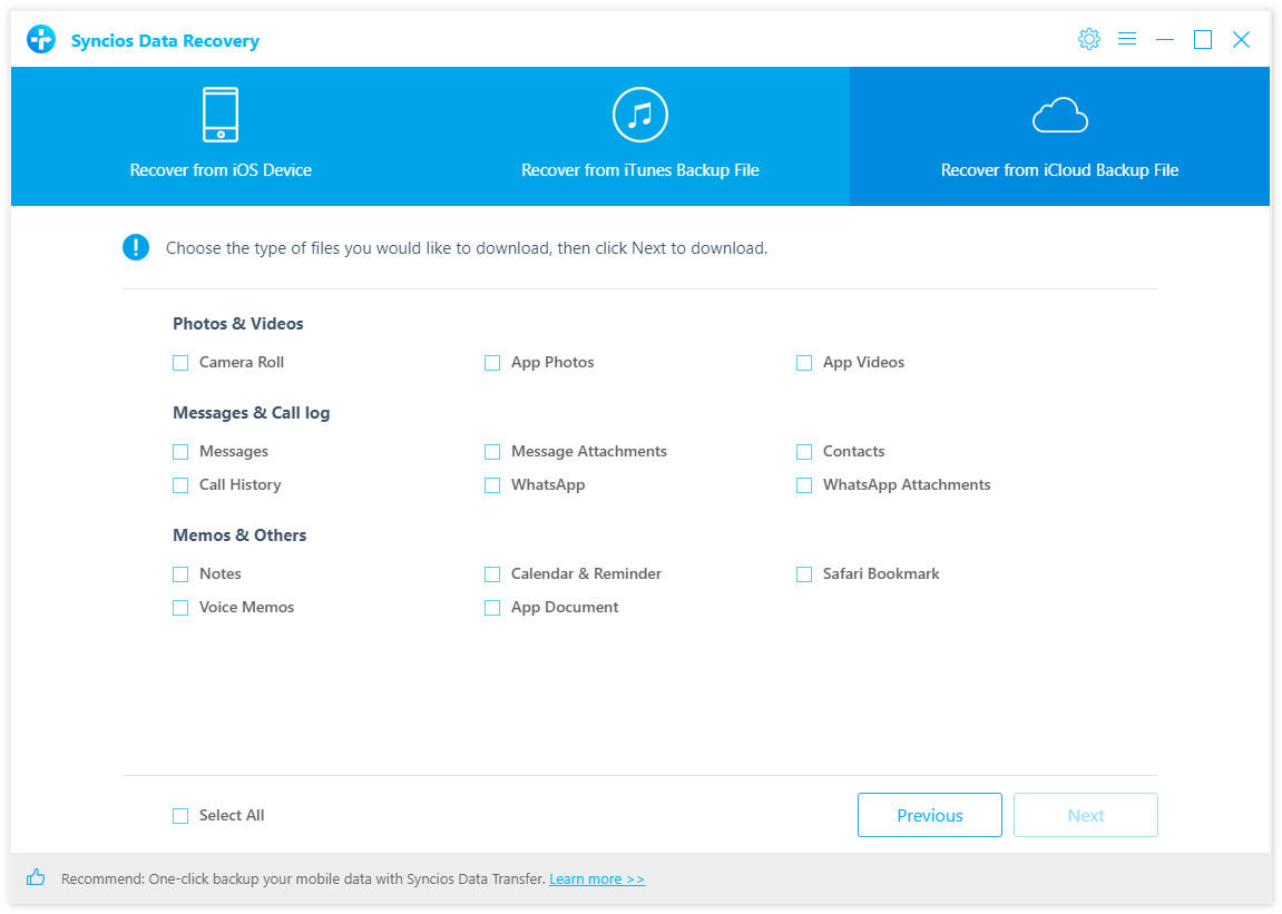 select files to download from iCloud backup file