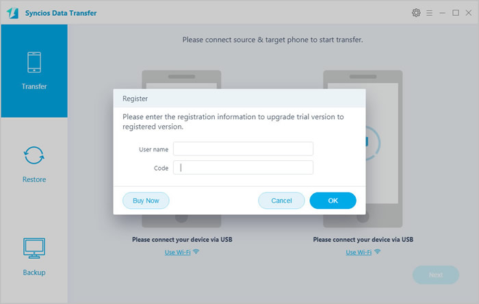 syncios data transfer register key