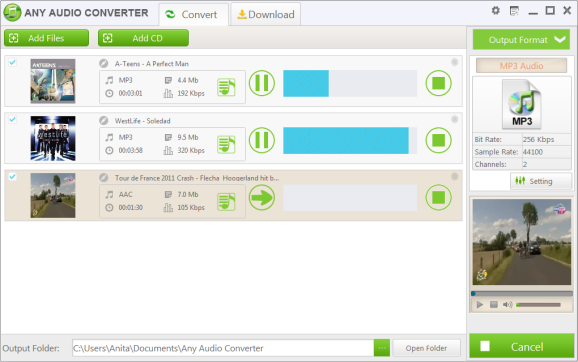 Add audio, video and online video files to Any Audio Converter, convert M4A to MP3, APE to MP3, AVI to MP3