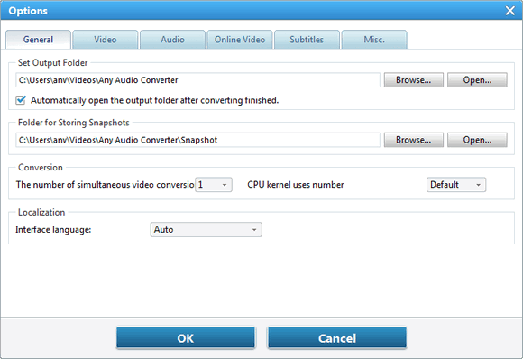 general option set output folder for Audio files